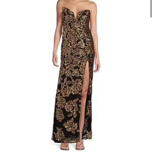 Blondie Nites Strapless Pattern Sequin Side Slit Long Dress size 1 lightly used